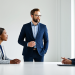 A diverse group of five professional team members, fully clothed in modest business casual attire, engaged in a collaborative discussion around a large, modern conference table in a brightly lit, contemporary office space. One team member is speaking, while others are actively listening with attentive expressions, demonstrating empathetic communication and psychological safety. The scene conveys an atmosphere of trust and openness. Perfect anatomy, correct proportions, natural pose, well-formed hands, proper finger count, natural body proportions. Safe for work, appropriate content, professional, high quality, studio lighting, sharp focus, vibrant colors.