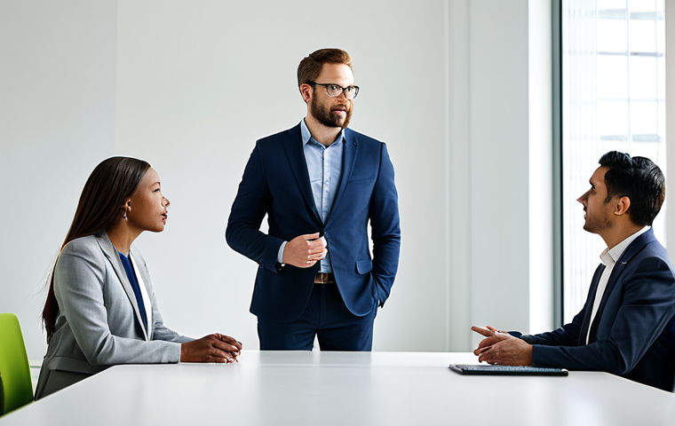 A diverse group of five professional team members, fully clothed in modest business casual attire, engaged in a collaborative discussion around a large, modern conference table in a brightly lit, contemporary office space. One team member is speaking, while others are actively listening with attentive expressions, demonstrating empathetic communication and psychological safety. The scene conveys an atmosphere of trust and openness. Perfect anatomy, correct proportions, natural pose, well-formed hands, proper finger count, natural body proportions. Safe for work, appropriate content, professional, high quality, studio lighting, sharp focus, vibrant colors.