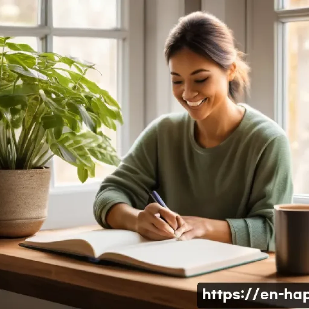 행복을 위한 뇌 훈련법 - A serene, cozy morning scene featuring a person sitting by a sunlit window with a warm cup of coffee...