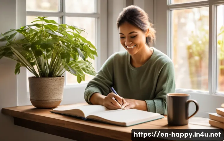 행복을 위한 뇌 훈련법 - A serene, cozy morning scene featuring a person sitting by a sunlit window with a warm cup of coffee...