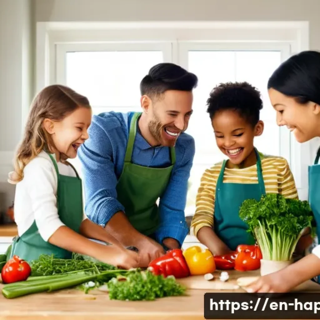 행복을 위한 가족과의 시간 만들기 - A warm, cozy family kitchen scene with parents and two children cooking dinner together, chopping co...