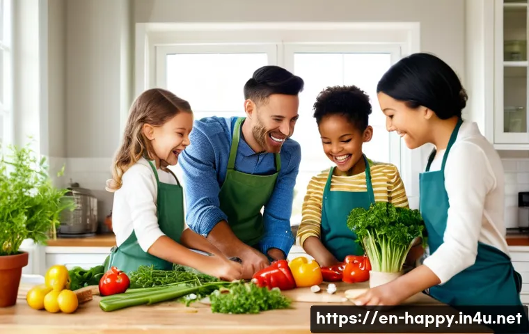 행복을 위한 가족과의 시간 만들기 - A warm, cozy family kitchen scene with parents and two children cooking dinner together, chopping co...