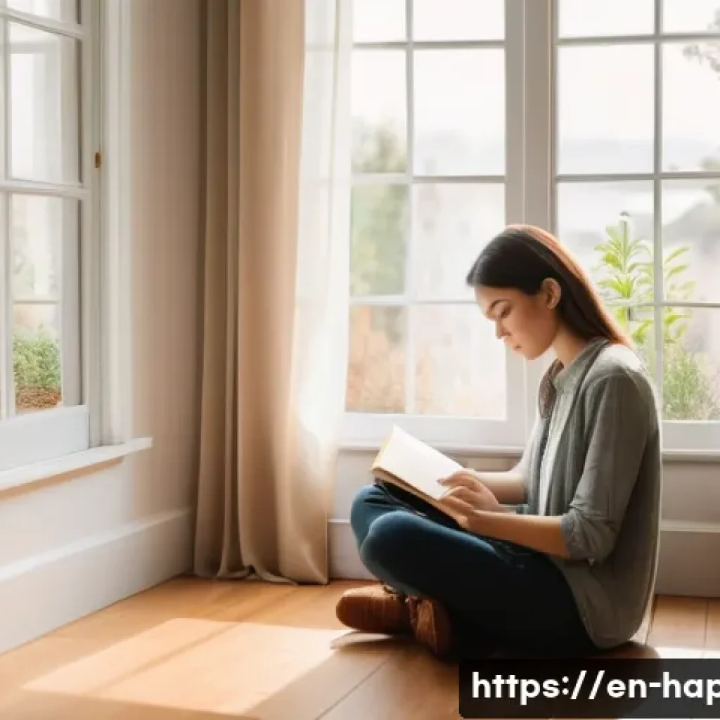 행복을 위한 자아실현 - A serene and cozy scene of a young adult woman sitting cross-legged on a wooden floor by a large win...