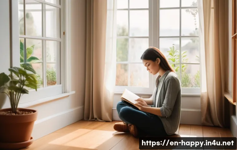 행복을 위한 자아실현 - A serene and cozy scene of a young adult woman sitting cross-legged on a wooden floor by a large win...