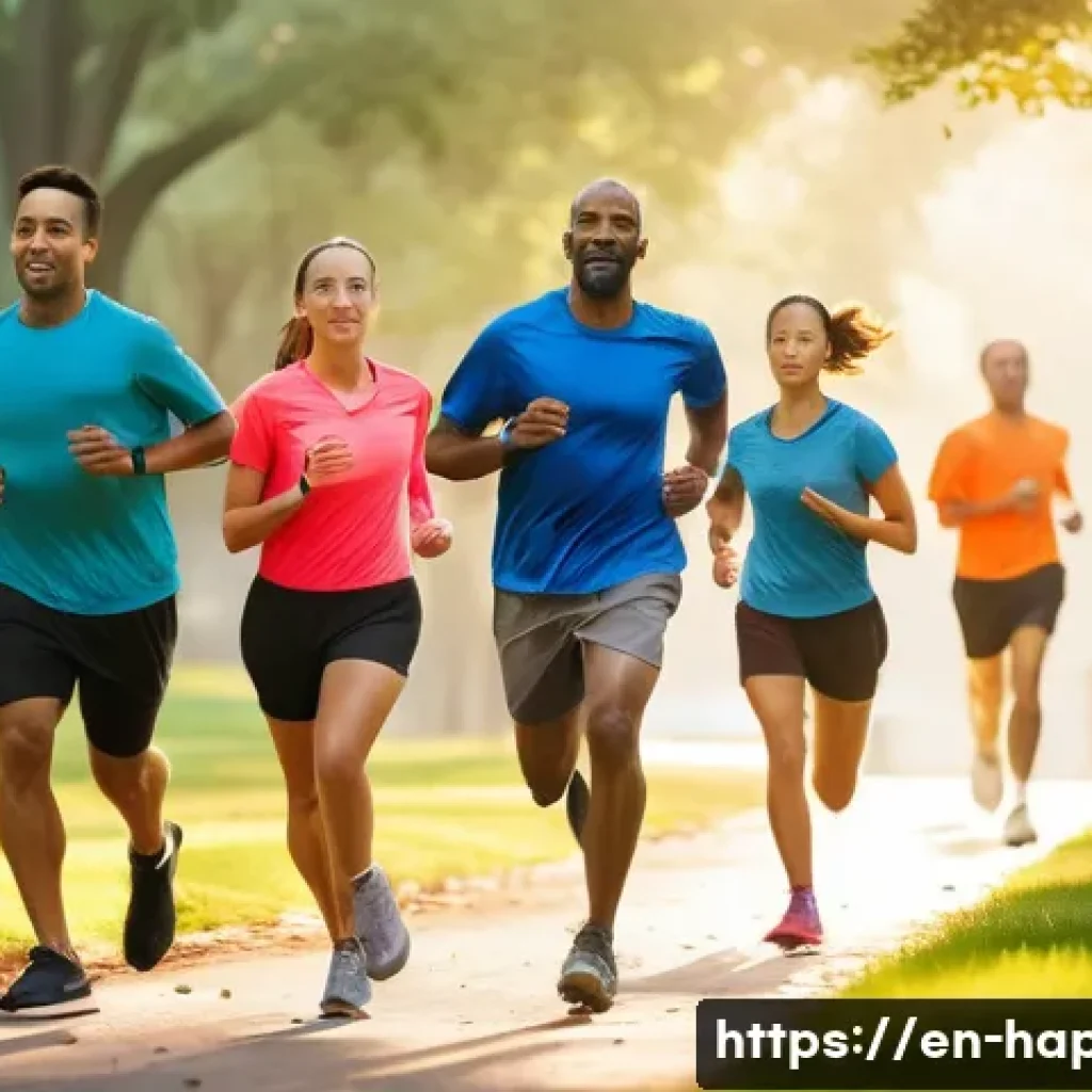 행복을 위한 운동 루틴 - A serene early morning scene featuring a diverse group of adults jogging along a tree-lined urban pa...