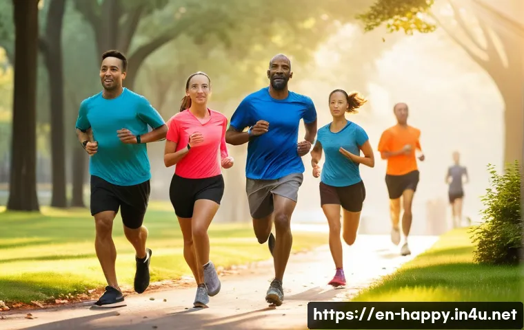 행복을 위한 운동 루틴 - A serene early morning scene featuring a diverse group of adults jogging along a tree-lined urban pa...