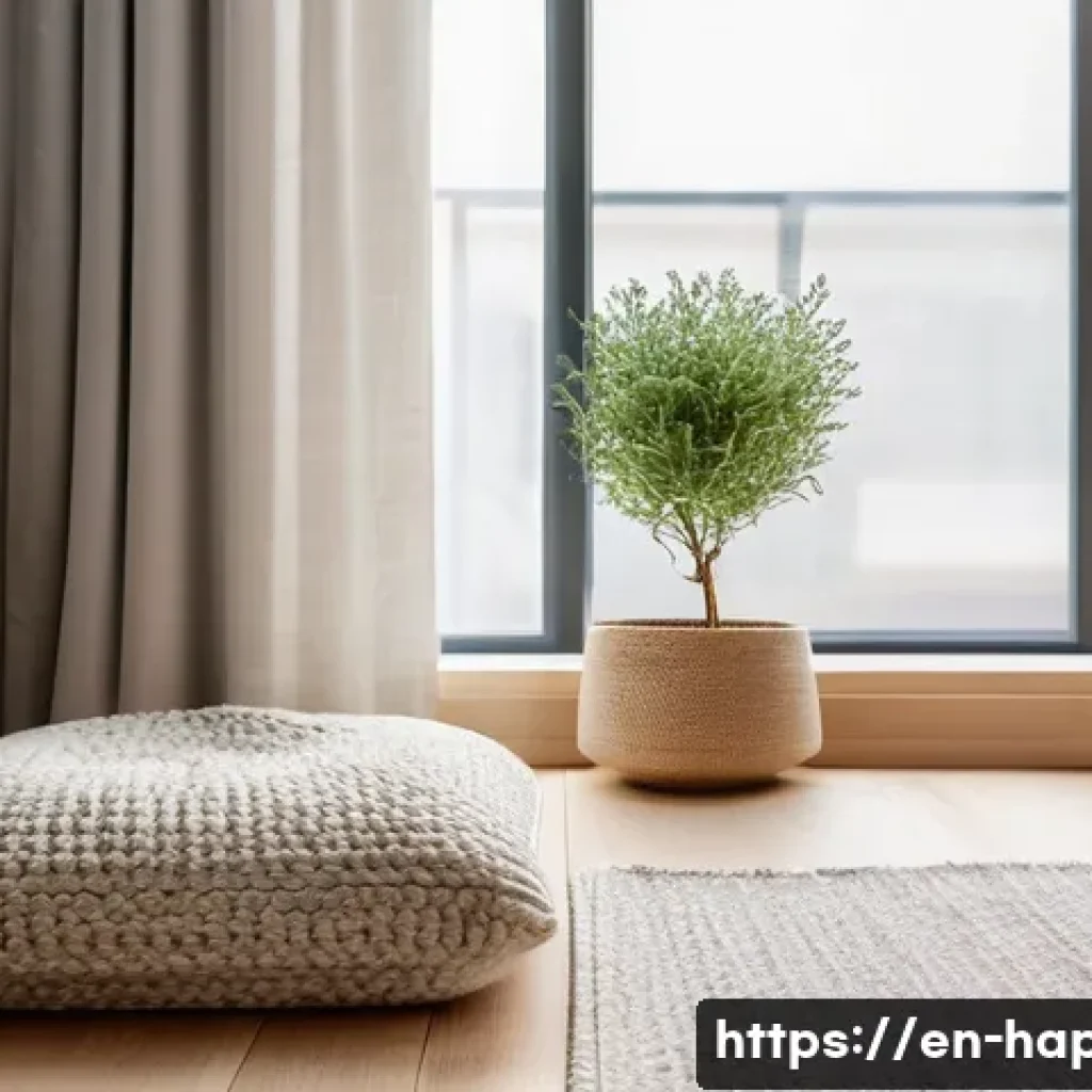 행복한 명상 가이드 - A serene meditation corner in a modern apartment featuring soft natural lighting from a large window...