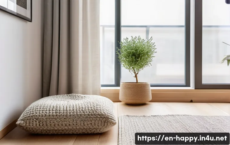 행복한 명상 가이드 - A serene meditation corner in a modern apartment featuring soft natural lighting from a large window...