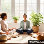 Home 22 행복을 위한 강의 추천 - A serene and cozy indoor scene depicting a diverse group of adults engaged in a mindfulness meditati...