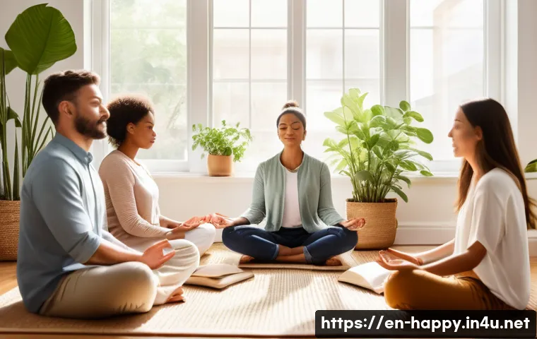 행복을 위한 강의 추천 - A serene and cozy indoor scene depicting a diverse group of adults engaged in a mindfulness meditati...