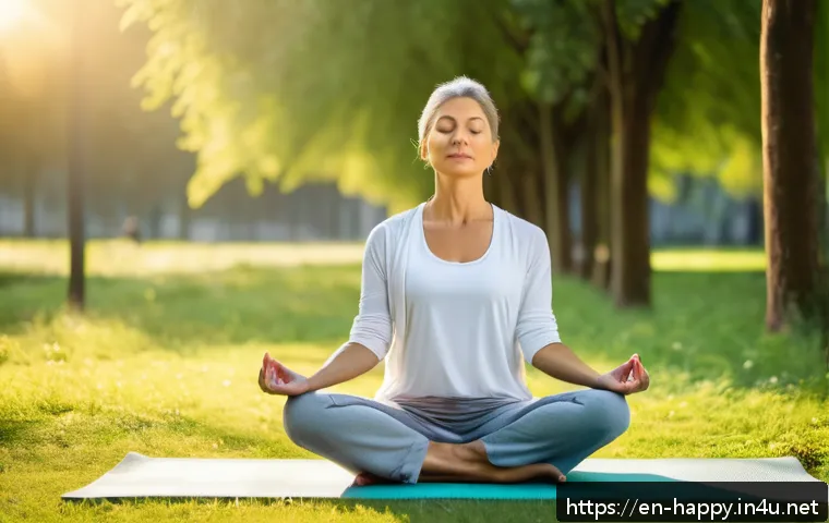 행복을 위한 스트레스 관리법 - A serene morning scene featuring a diverse adult woman practicing mindfulness outdoors in an urban p...
