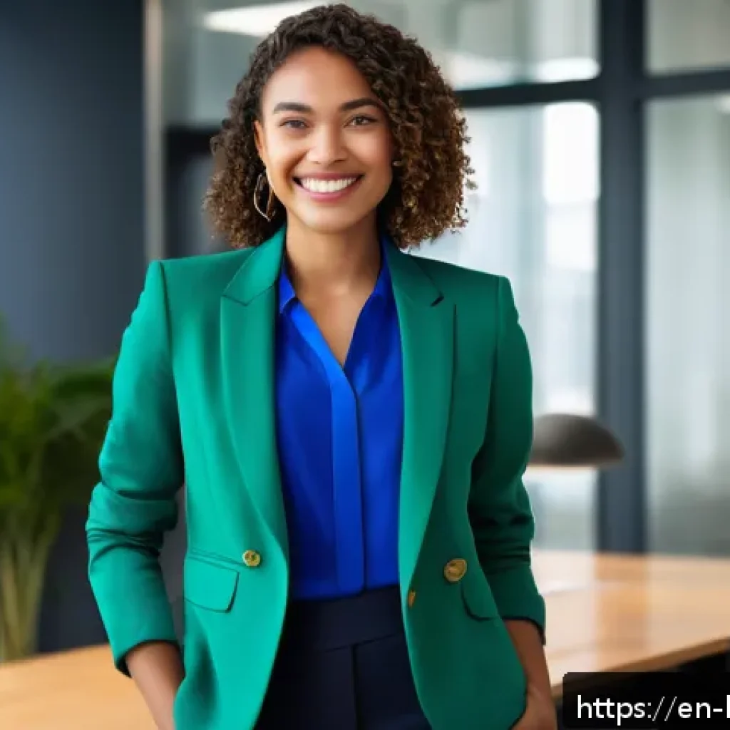 행복한 삶을 위한 패션 스타일 - A stylish young professional woman in a modern office setting, wearing a vibrant cobalt blue blazer ...