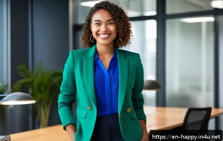 행복한 삶을 위한 패션 스타일 - A stylish young professional woman in a modern office setting, wearing a vibrant cobalt blue blazer ...