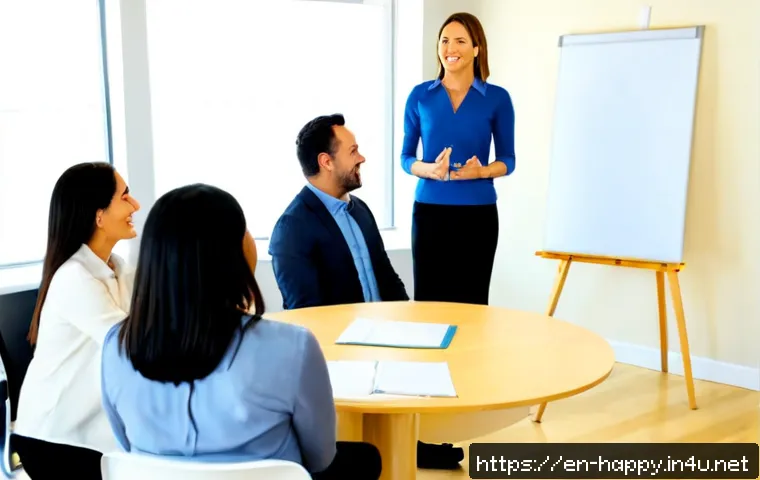 Home 17 행복한 직장 만들기 워크숍 - Photorealistic workplace wellness workshop in a bright modern American office, diverse team of adult...