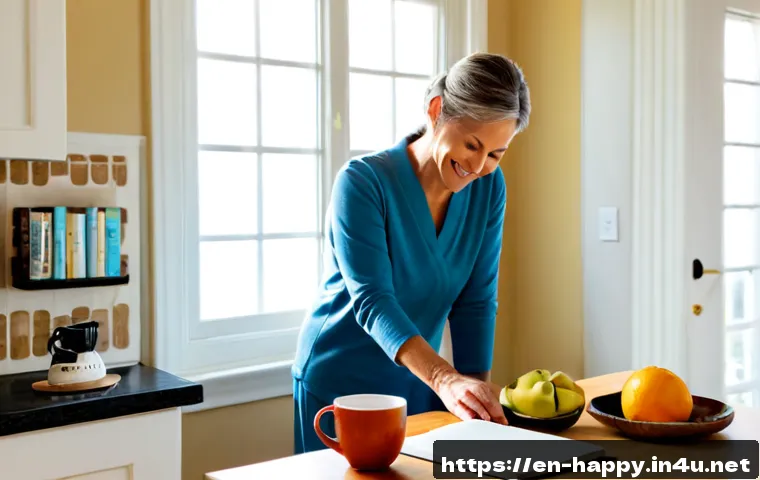 행복을 위한 나만의 루틴 만들기 - Photorealistic early morning wellness routine in a bright, cozy American home kitchen, smiling middl...