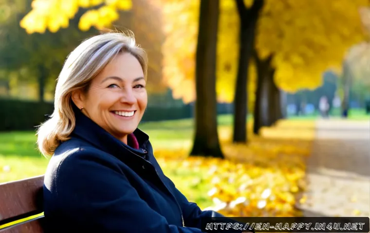 행복을 찾는 방법 - Photorealistic lifestyle scene of a cheerful middle-aged woman sitting on a sunlit park bench, quiet...