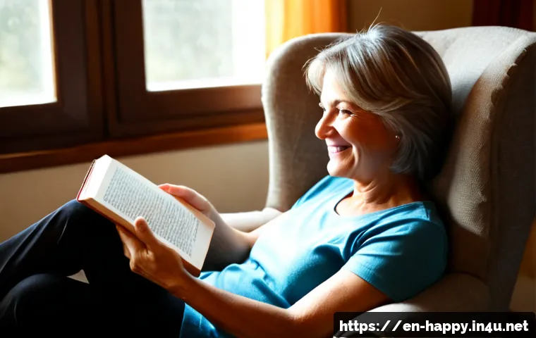 행복한 사람들의 독서 습관 - Photorealistic lifestyle scene of a happy middle-aged woman in a cozy sunlit living room, comfortabl...